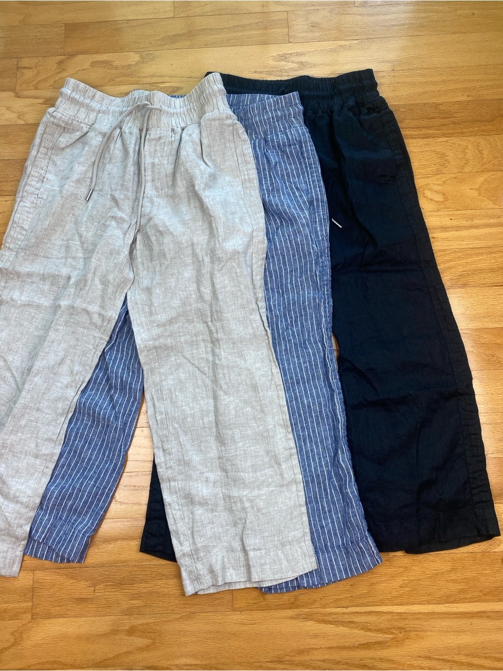 3 Quince European Linen Wide Leg Draw String Pants Chambray Stripe, Black, Flax